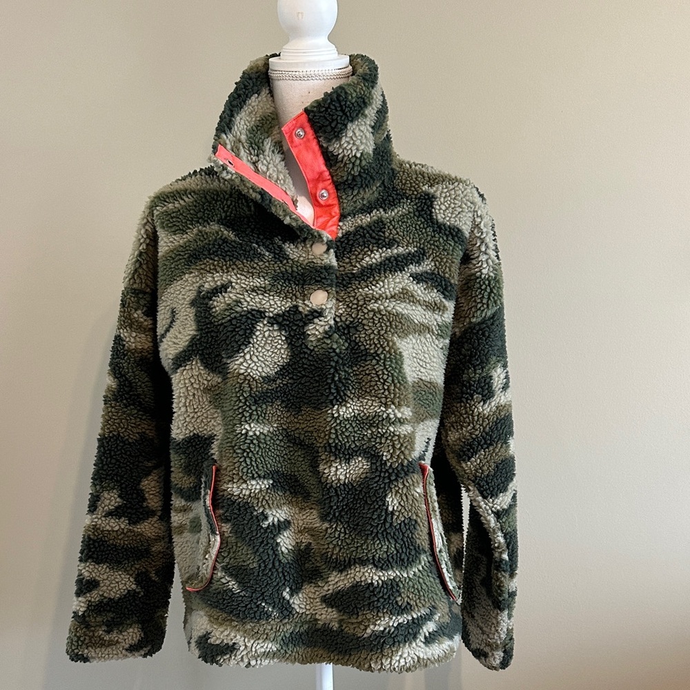 J. Crew Women's Camouflage Sherpa Pullover with Coral Trim